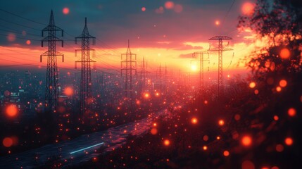 Obraz premium Electric Towers Silhouette at Sunset over Cityscape with Glowing Lights