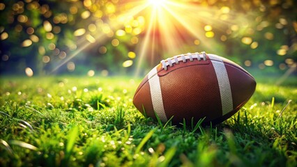 Realistic Aerial Photography of American Football on Vibrant Green Grass in Natural Lighting â€“ Captivating Outdoor Sports Scene for Stock Images and Illustrations