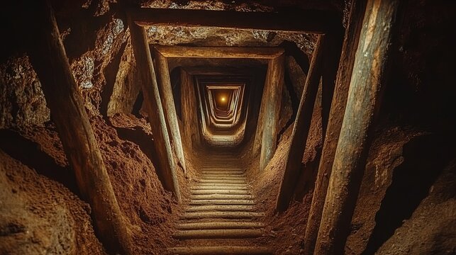 Underground gold mining site with wooden supports and narrow pathways, dimly lit