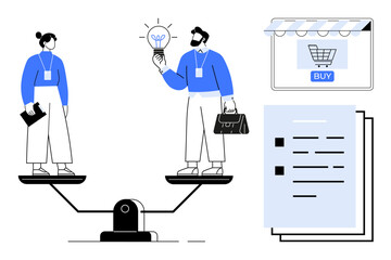 Businessman and businesswoman standing on a balanced scale with a lightbulb and briefcase, representing ideas and professionalism. Includes online shopping cart and document. Ideal for equality