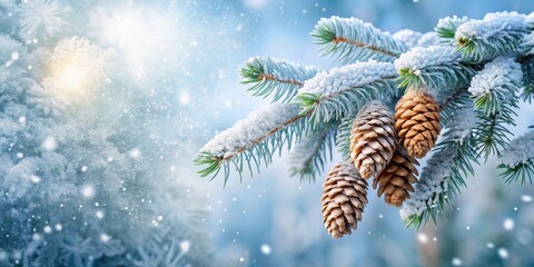 Frosted fir branch with snow-covered cones and snowflakes, set against a cold winter backdrop