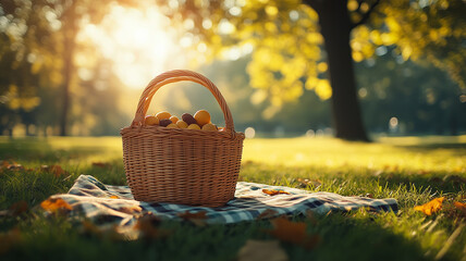 picnic basket filled with fruits sits on blanket in sunlit park, surrounded by autumn leaves