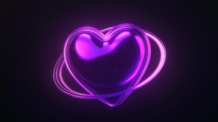 Glowing purple heart, orbit, dark background; Valentine's, love