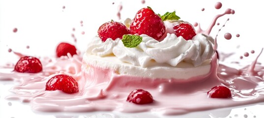 Strawberry Pavlova in Pink Sauce Splash