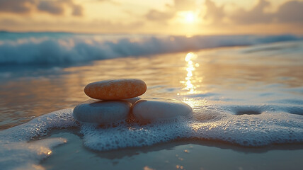 Serene beach scene with stacked stones on wet sand, waves crashing gently