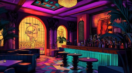 Vibrant retro bar interior with neon lights and Art Deco design elements showcased in vivid colors