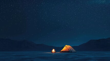 Serene Night Camping Scene Under Starry Sky with Warm Campfire Glow