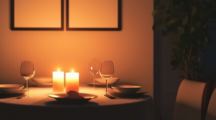 Romantic Dinner Setup with Candles and Elegant Tableware at Night