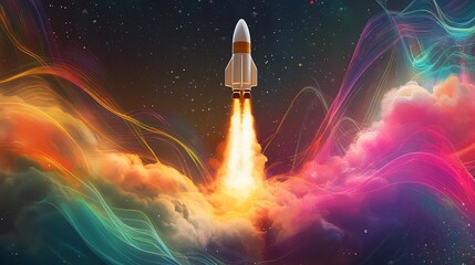 A dynamic rocket launch amidst swirling cosmic clouds and vibrant lines of light