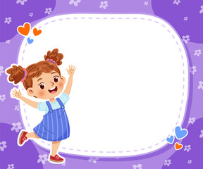 Cheerful little girl standing waving and smiling on the side of white frame with purple background