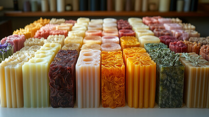 Colorful handmade candles arranged in beautiful display, showcasing various shapes and textures