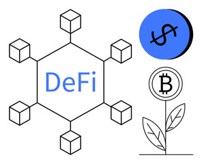 Decentralized network of blockchain nodes surrounding DeFi, dollar symbol on blue circle, Bitcoin plant growth. Ideal for finance, technology, investment, innovation, cryptocurrency