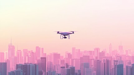 Drone Flying Above Cityscape During Colorful Sunset Sky