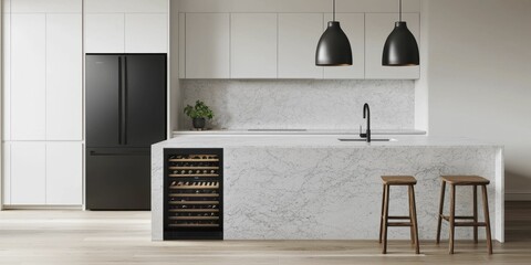 A modern kitchen featuring a marble island, sleek cabinetry, a wine cooler, and stylish pendant lighting, creating a clean and elegant aesthetic.