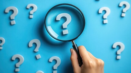 Hand Holding Magnifying Glass Focusing on Question Mark Among Many Problem Solving Concept