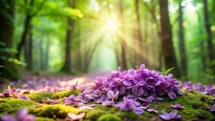 Obraz premium Delicate purple flower petals scattered on a soft green forest floor among leafy branches