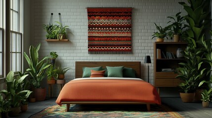 Obraz premium A cozy bedroom featuring a wooden bed, vibrant orange bedding, green cushions, an artistic wall hanging, and lush indoor plants.