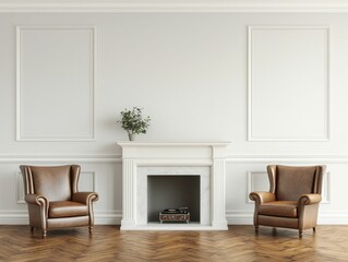 A cozy, minimalist living room featuring two brown leather chairs, a fireplace, and a touch of greenery on a neutral backdrop.