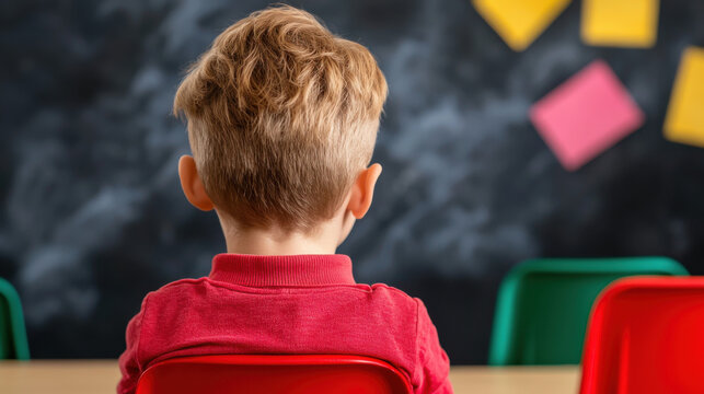 A young boy sits in a classroom, facing away from the camera, with colorful sticky notes on a chalkboard in the background. - Powered by Adobe