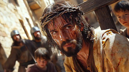 A close-up of Jesus&rsquo; face, weary but determined, carrying a rugged cross through a narrow cobbled street, Roman soldiers escorting Him, children holding onto the cross,