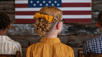 Obraz premium A girl with braided hair and a yellow bow sits in front of an American flag, surrounded by two others, in a rustic setting.