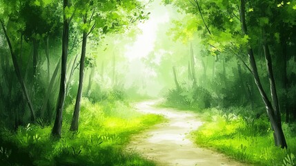 Fototapeta premium Lush green forest pathway illuminated by soft sunlight, inviting exploration and tranquility