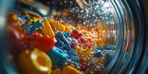 Bubbles rise amid a medley of vividly colored toy pieces, creating a playful atmosphere inside a washing machine. The wash cycle brings life and energy to the mundane chore