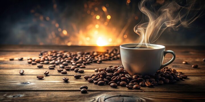 Surreal Scene of Instant Soluble Coffee in a White Ceramic Mug on Wooden Floor with Dreamlike Effects and Soft Lighting for a Cozy Atmosphere