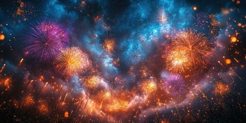 Fototapeta premium Celestial Fireworks Symphony: A Night Sky Illuminated by Vibrant Explosions of Color