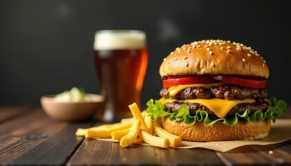 Classic cheeseburger, golden fries, studio shot , meal, golden
