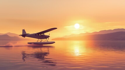 Seaplane Taking Off at Sunrise Over Calm Water and Mountains