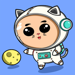 A happy astronaut cat try to reaching for the moon