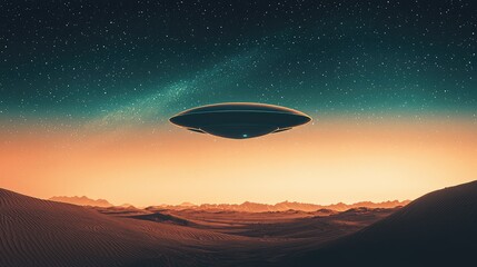 Obraz premium Futuristic Flying Saucer in Desert with Starry Night Sky