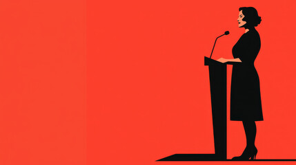 A silhouette of a woman speaking at a podium against a vibrant red background, symbolizing empowerment and public speaking.