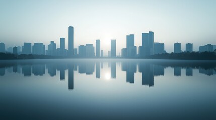 Obraz premium Serene Morning Skyline Reflected in Calm Waterway at Dawn