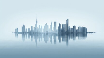Fototapeta premium Serene City Skyline with Reflection on Calm Water Surface