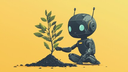 Cute Robot Nurturing a Small Plant on a Bright Yellow Background