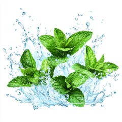 Fresh mint leaves splashing in water, white background, food/drink advertising