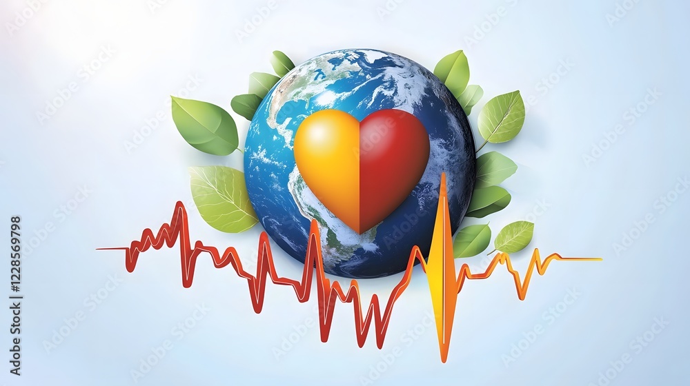 Poster minimalistic displaying a healthy planet encircled by medical elements such as a heartbeat line and 