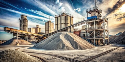 Fototapeta premium Vintage Concrete Plant: Crushed Stone & Sand Piles - Industrial Photography