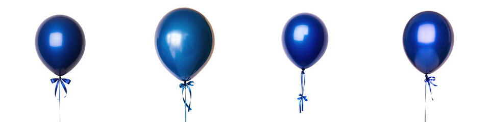 Cluster of blue balloons tied with ribbons floating on white background ready for a joyful such as a birthday party anniversary or other festive event