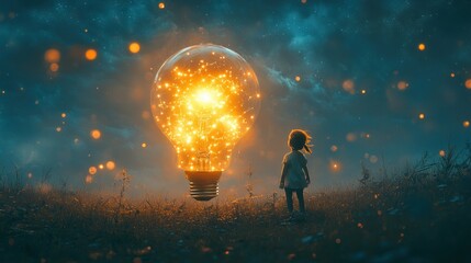 Child Approaches Half Buried Giant Light Bulb Under Starry Night Sky with Cosmic Dust in Surreal Landscape