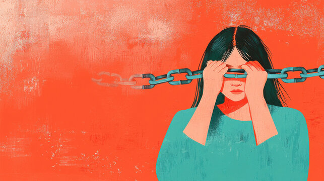 A woman covers her eyes with a pained expression, symbolizing struggle and confinement, against a vivid orange background.