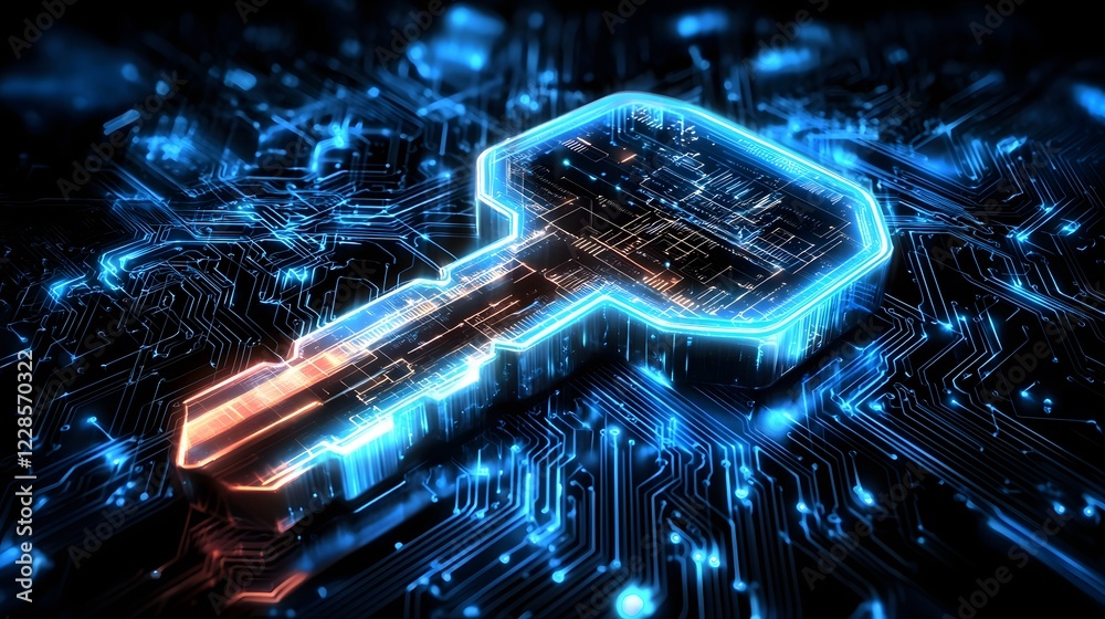 Poster A conceptual image of a luminous digital key surrounded by intricate circuit patterns on a high tech background emphasizing the importance of cyber security and data protection in the digital age