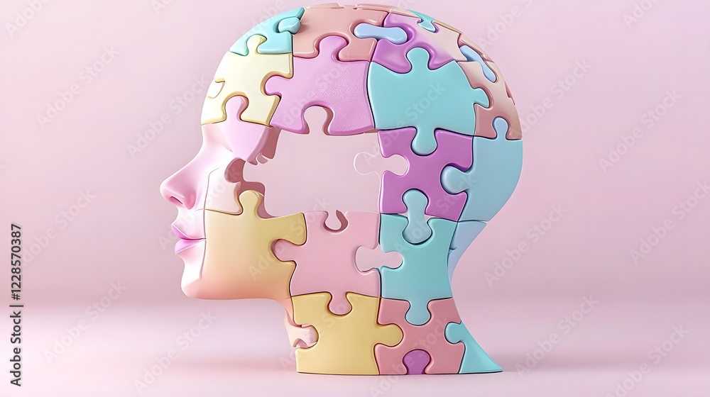 Poster Detailed and vivid puzzle pieces creating the silhouette of a human head representing mental health awareness and personal growth against a smooth gradient background with a sharp and polished finish