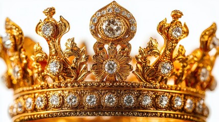 Fototapeta premium Jeweled gold crown on white, closeup for luxury, power themes
