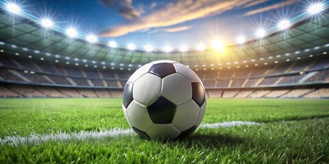 Naklejka premium soccer ball on green grass with blurred stadium in background, stock photo, style, stock photo, style, nature, blur