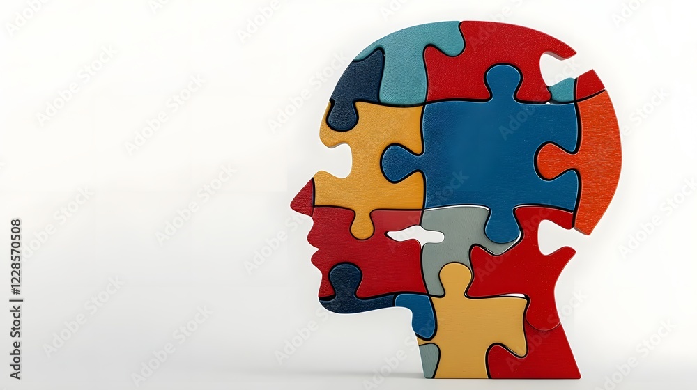 Poster Puzzle Shaped Head with a Single Blue Piece Missing Symbolizing Incomplete Thoughts or Self Discovery on a Clean Gradient Background with Crisp and Sharp Details