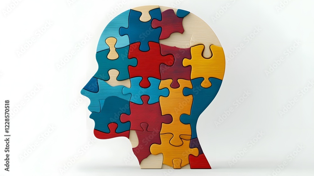 Poster Conceptual image of a puzzle forming a human head with a single blue piece missing symbolizing incomplete thoughts self discovery