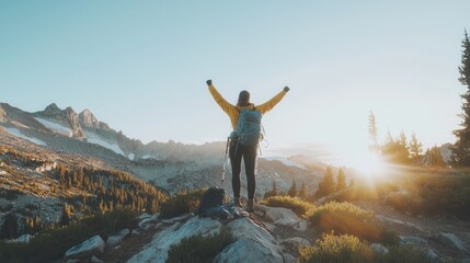Obraz premium Hiker Celebrating Success at Sunrise in Majestic Mountain Landscape
